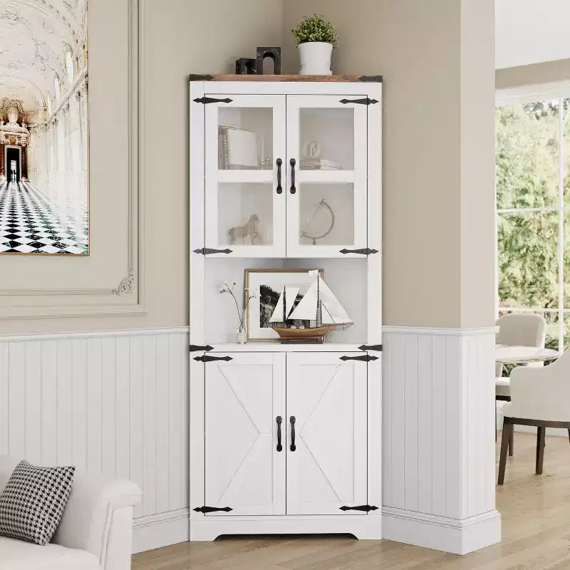 67" Tall Corner Storage Cabinet with Lights, Farmhouse Corner Hutch with Glass Doors for Living Room & Bathroom