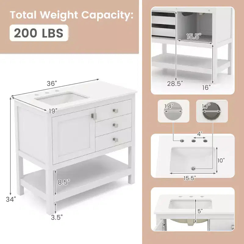 Bathroom Vanity Unit with Basin, Extra Wide Granite Countertop and Ceramic Sink
