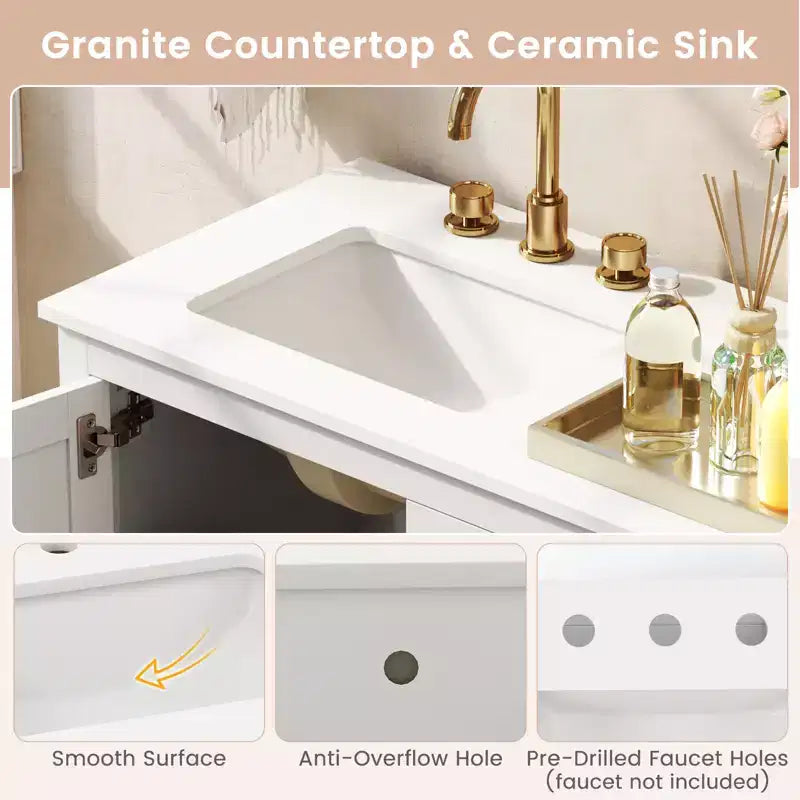 Bathroom Vanity Unit with Basin, Extra Wide Granite Countertop and Ceramic Sink