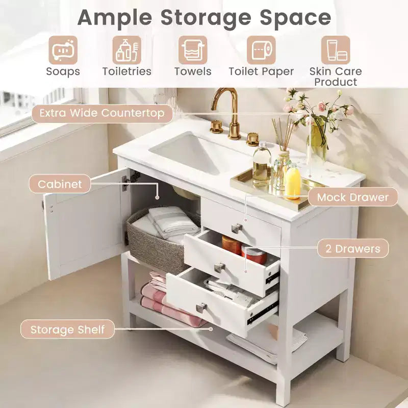Bathroom Vanity Unit with Basin, Extra Wide Granite Countertop and Ceramic Sink