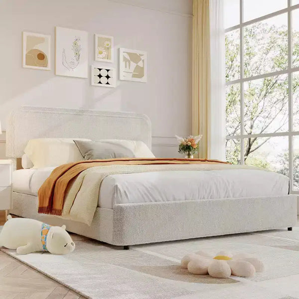 Full Size Boucle Upholstered Platform Bed, Light Beige, Headboard, 4 Drawers, Wood Slats, Noise-Free, Easy Assembly, No Box Spring Needed