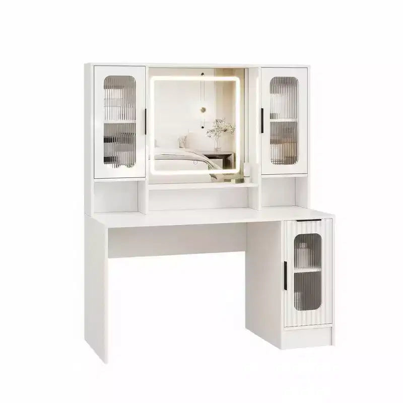 Modern Vanity Desk with Mirror, 2 Glass Cabinets & 3 Drawers Makeup Table for Bedroom