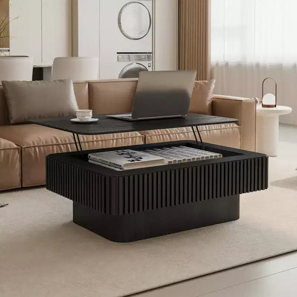 JVNOXK 38.6'' Fluted Lift-Top Coffee Table with Storage, Solid Wood Veneer Adjustable Height Modern Accent Table for Living Room,Office, Black