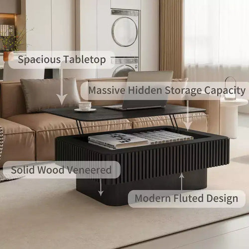 38.6" Fluted Lift-Top Coffee Table with Storage, Solid Wood Veneer, Adjustable Height, Black