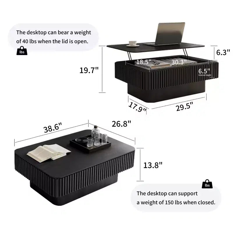 38.6" Fluted Lift-Top Coffee Table with Storage, Solid Wood Veneer, Adjustable Height, Black