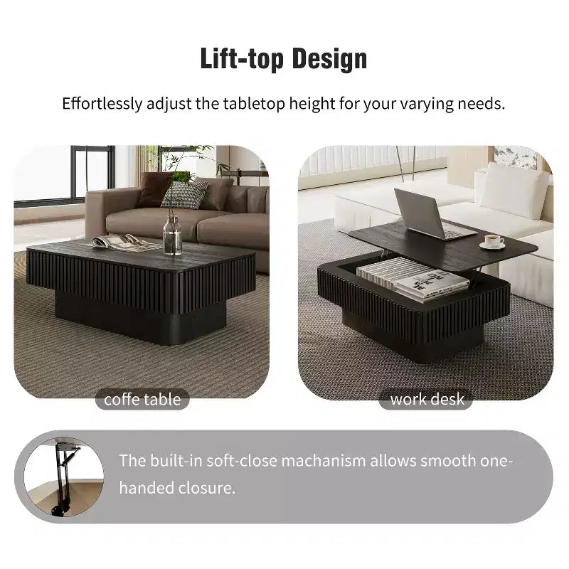 38.6" Fluted Lift-Top Coffee Table with Storage, Solid Wood Veneer, Adjustable Height, Black