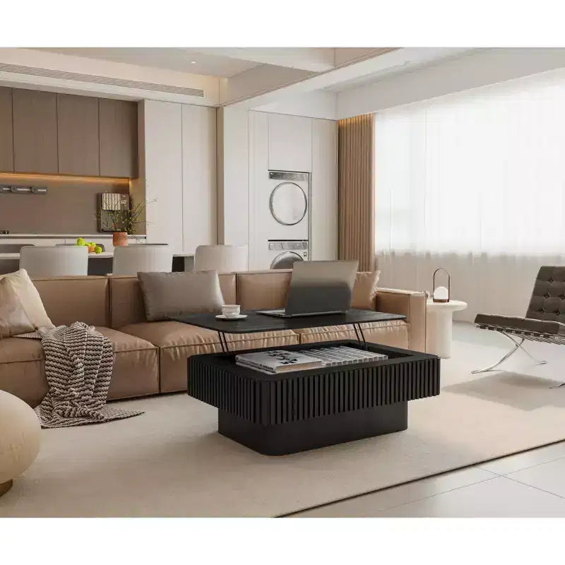 38.6" Fluted Lift-Top Coffee Table with Storage, Solid Wood Veneer, Adjustable Height, Black