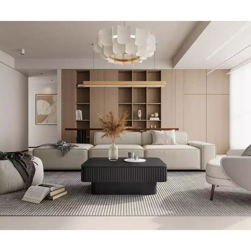 38.6" Fluted Lift-Top Coffee Table with Storage, Solid Wood Veneer, Adjustable Height, Black