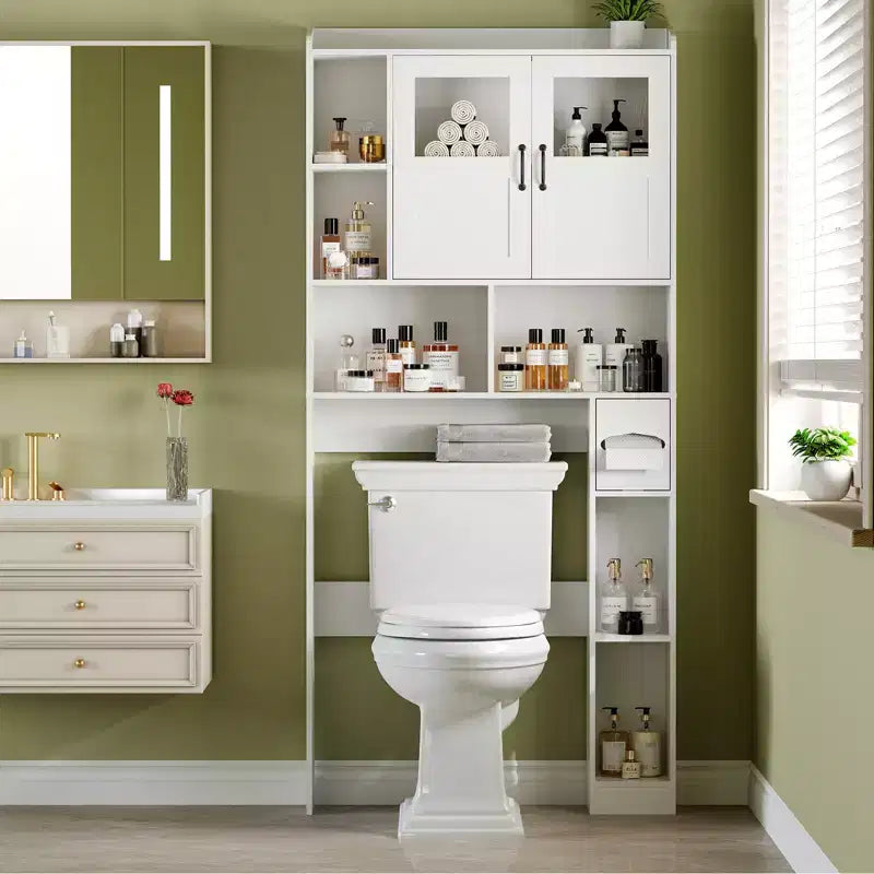 Modern Over Toilet Storage Cabinet, Glass Door & Sliding Barn Doors, Adjustable Shelf, for Laundry Room, Bathroom