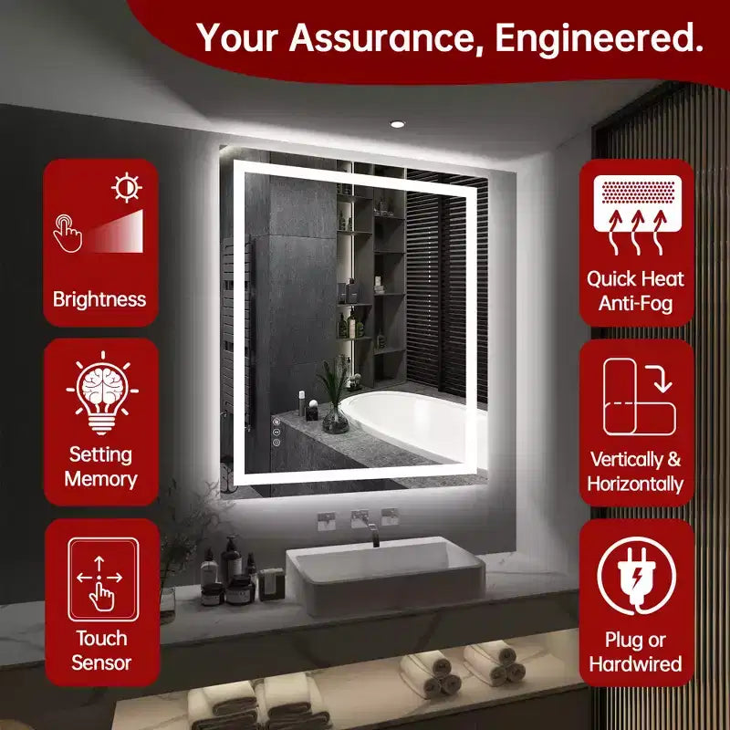 30x36 Wall Tempered Glass Bathroom Mirror, ETL Anti-Fog Vanity Mirror, 3 Color Temperatures