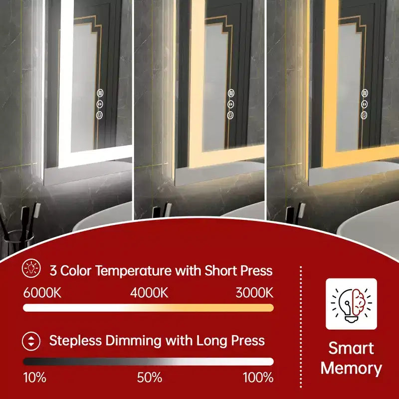 30x36 Wall Tempered Glass Bathroom Mirror, ETL Anti-Fog Vanity Mirror, 3 Color Temperatures