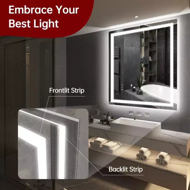 30x36 Wall Tempered Glass Bathroom Mirror, ETL Anti-Fog Vanity Mirror, 3 Color Temperatures