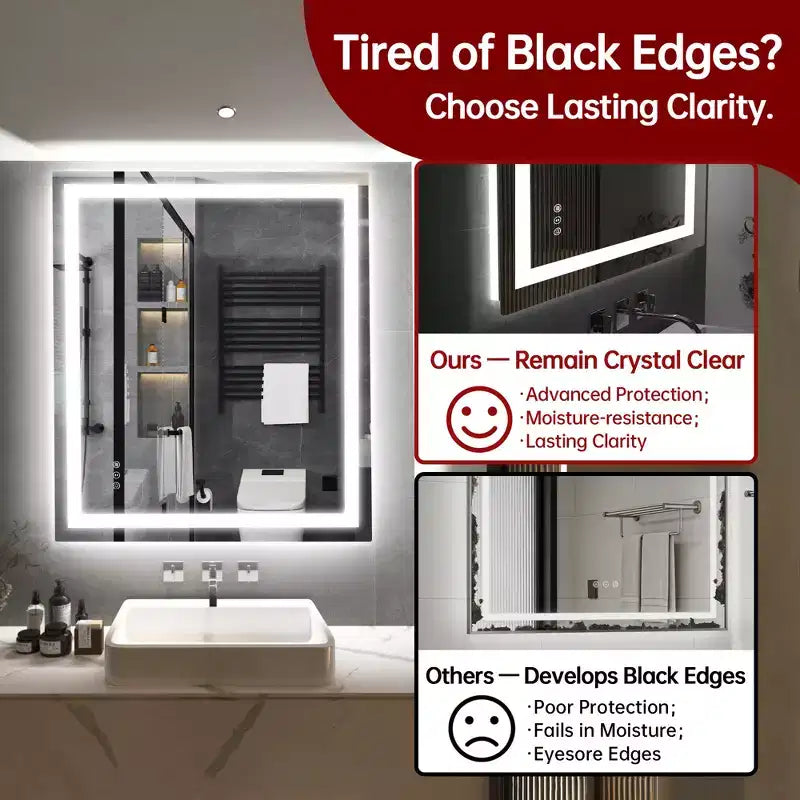 30x36 Wall Tempered Glass Bathroom Mirror, ETL Anti-Fog Vanity Mirror, 3 Color Temperatures