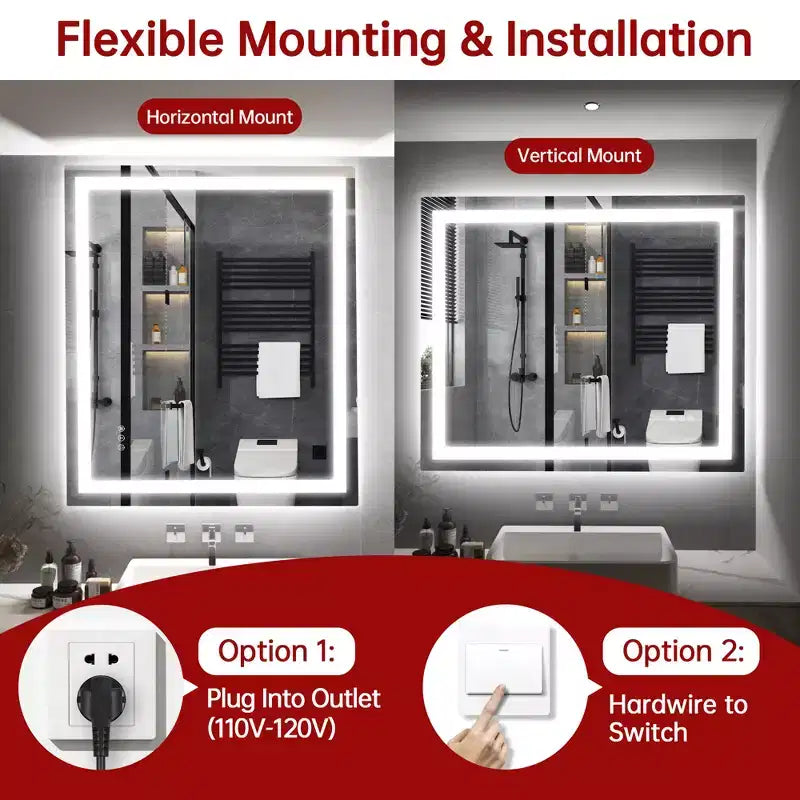 30x36 Wall Tempered Glass Bathroom Mirror, ETL Anti-Fog Vanity Mirror, 3 Color Temperatures