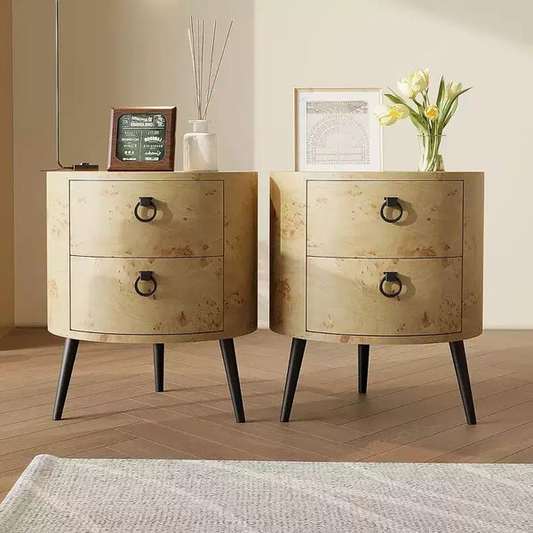 Round Side Table with Drawers, 2pcs Farmhouse Bedside Table, Wood Accent Table with Metal Legs & 300lb Capacity for Living Room, Bedroom, Office