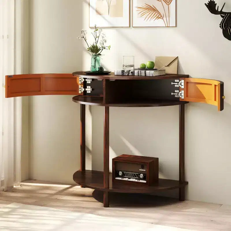 Modern Wave-Pattern Half-Moon Wooden Console Table with 2 Drawers and Open Shelf