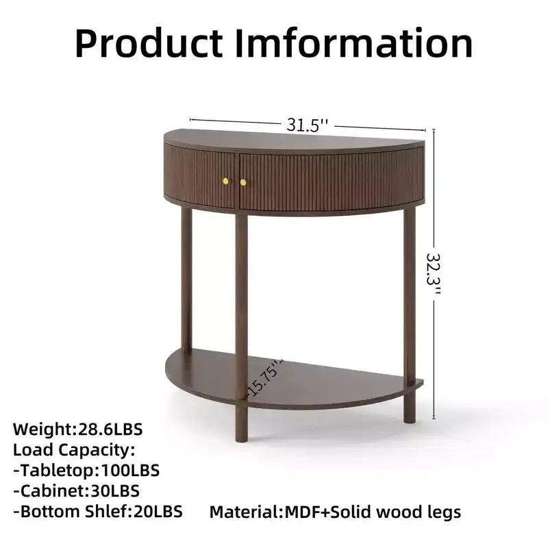 Modern Wave-Pattern Half-Moon Wooden Console Table with 2 Drawers and Open Shelf