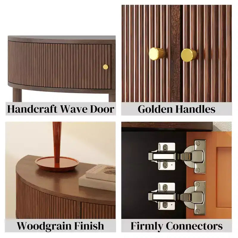 Modern Wave-Pattern Half-Moon Wooden Console Table with 2 Drawers and Open Shelf