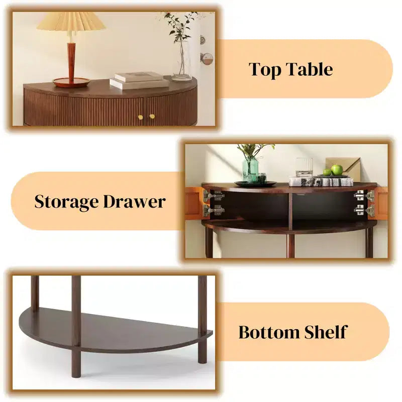 Modern Wave-Pattern Half-Moon Wooden Console Table with 2 Drawers and Open Shelf