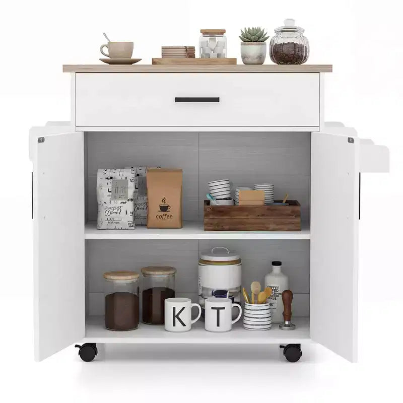 Kitchen Island Cart with Drawer, 2 Doors, Spice Rack, Towel Bar and 2 Lockable Wheels, White