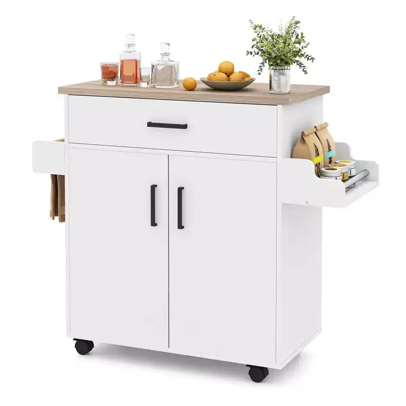 Kitchen Island Cart with Drawer, 2 Doors, Spice Rack, Towel Bar and 2 Lockable Wheels, White