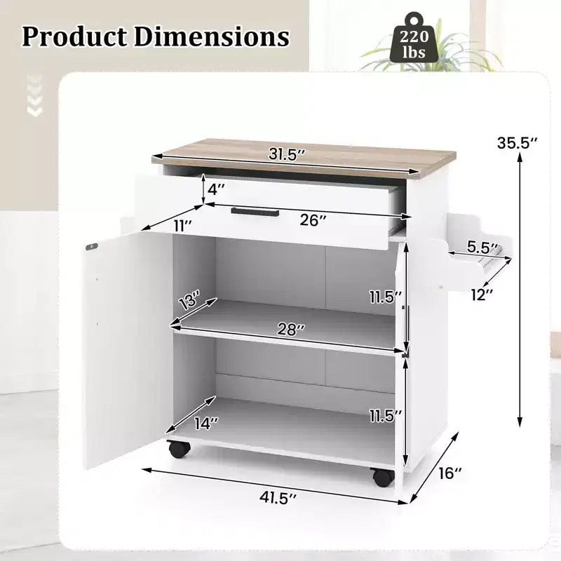 Kitchen Island Cart with Drawer, 2 Doors, Spice Rack, Towel Bar and 2 Lockable Wheels, White