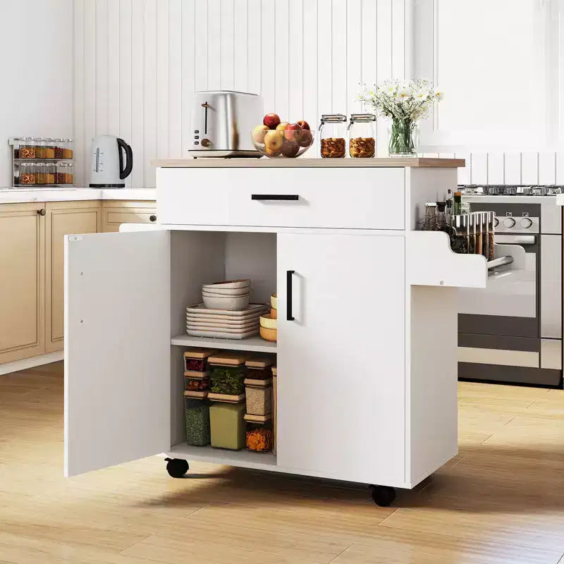 Kitchen Island Cart with Drawer, 2 Doors, Spice Rack, Towel Bar and 2 Lockable Wheels, White