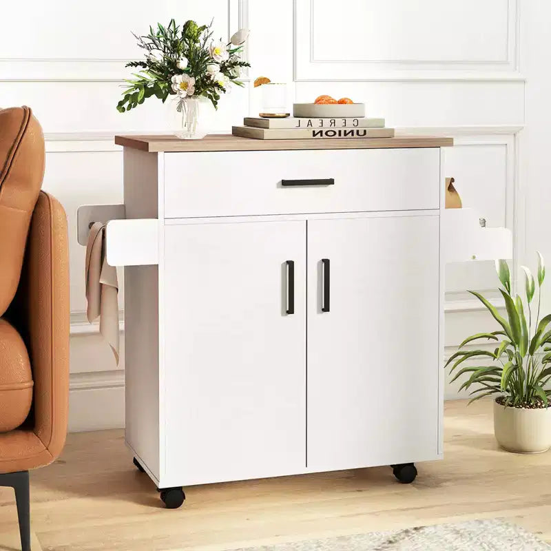 Kitchen Island Cart with Drawer, 2 Doors, Spice Rack, Towel Bar and 2 Lockable Wheels, White
