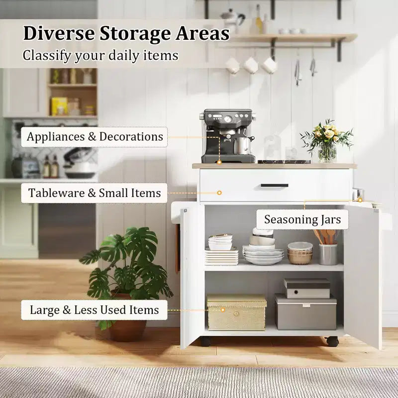 Kitchen Island Cart with Drawer, 2 Doors, Spice Rack, Towel Bar and 2 Lockable Wheels, White