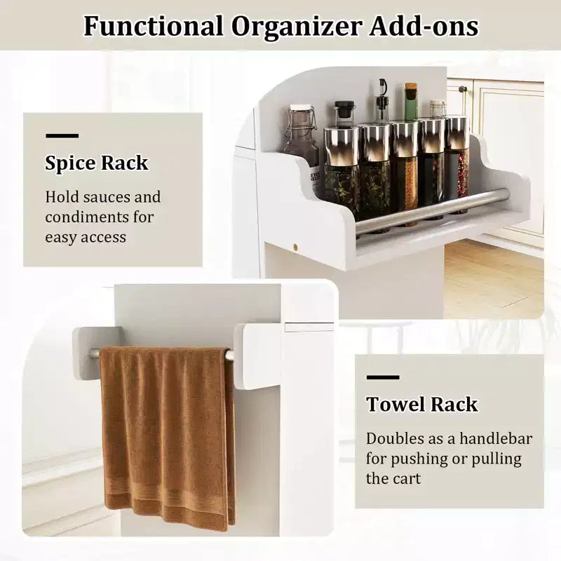 Kitchen Island Cart with Drawer, 2 Doors, Spice Rack, Towel Bar and 2 Lockable Wheels, White