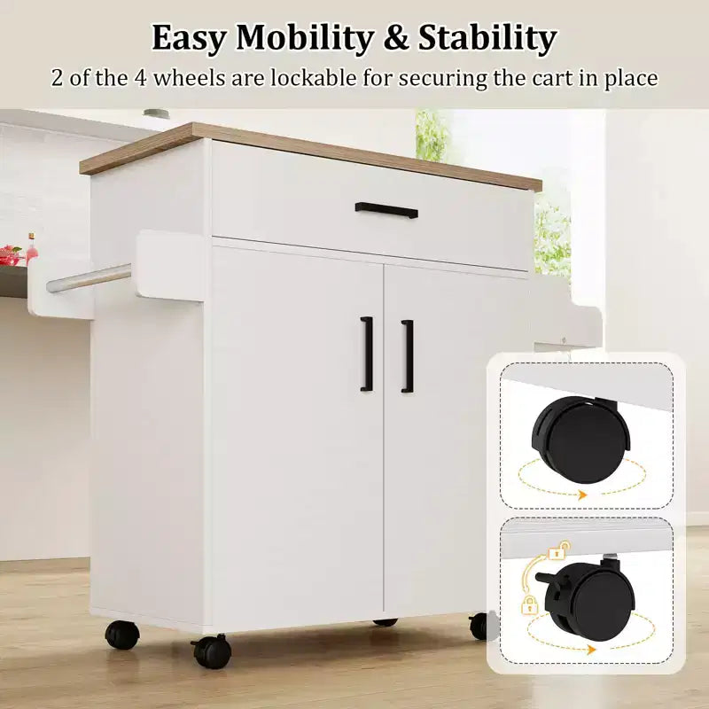 Kitchen Island Cart with Drawer, 2 Doors, Spice Rack, Towel Bar and 2 Lockable Wheels, White