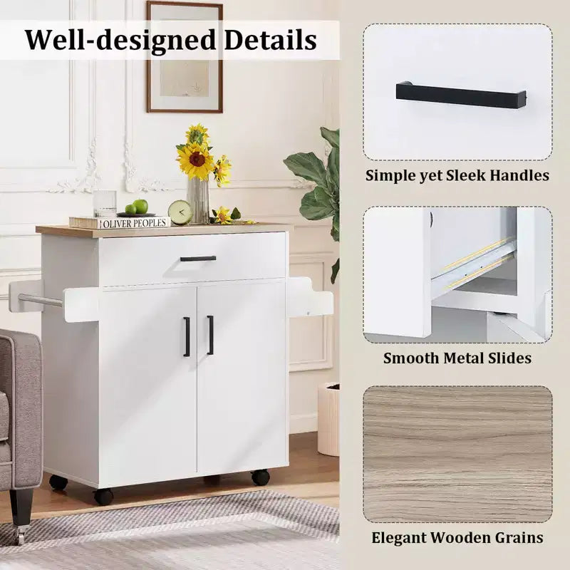Kitchen Island Cart with Drawer, 2 Doors, Spice Rack, Towel Bar and 2 Lockable Wheels, White