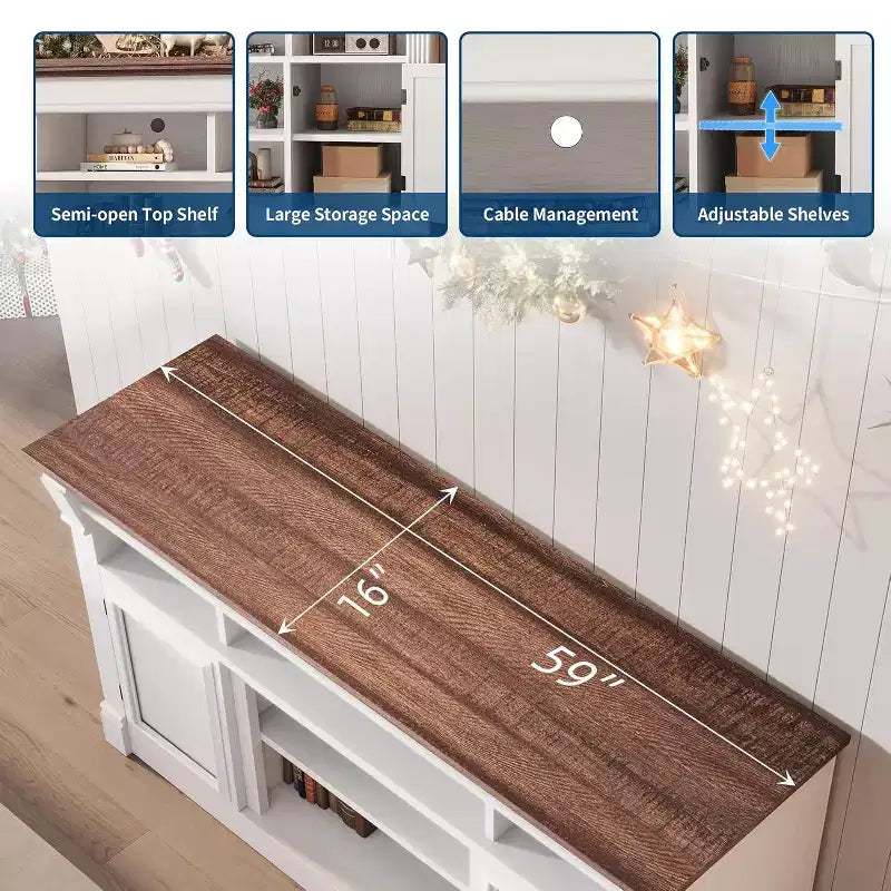Farmhouse Fireplace TV Stand, Wooden Entertainment Center with Storage Cabinets, for Living Room, Home