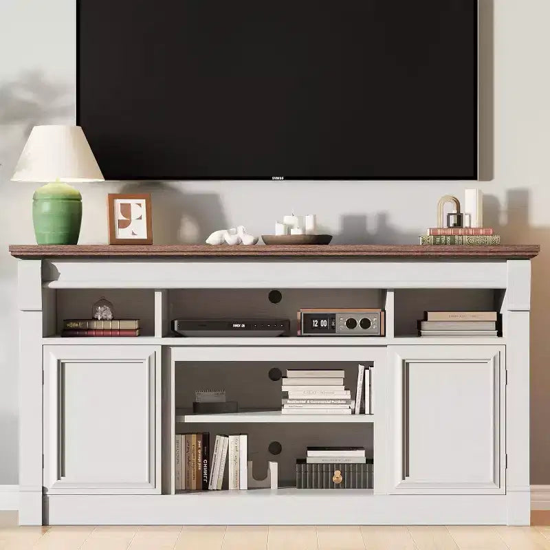 Farmhouse Fireplace TV Stand, Wooden Entertainment Center with Storage Cabinets, for Living Room, Home