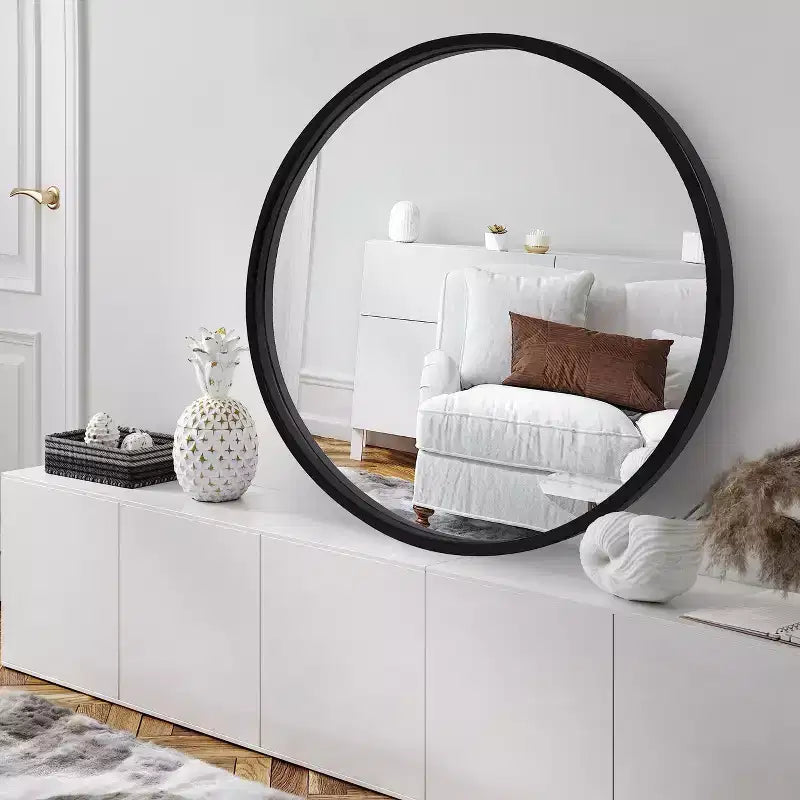 32" Round Wall Mirror, Black - Shatter-Resistant Glass, Modern Design