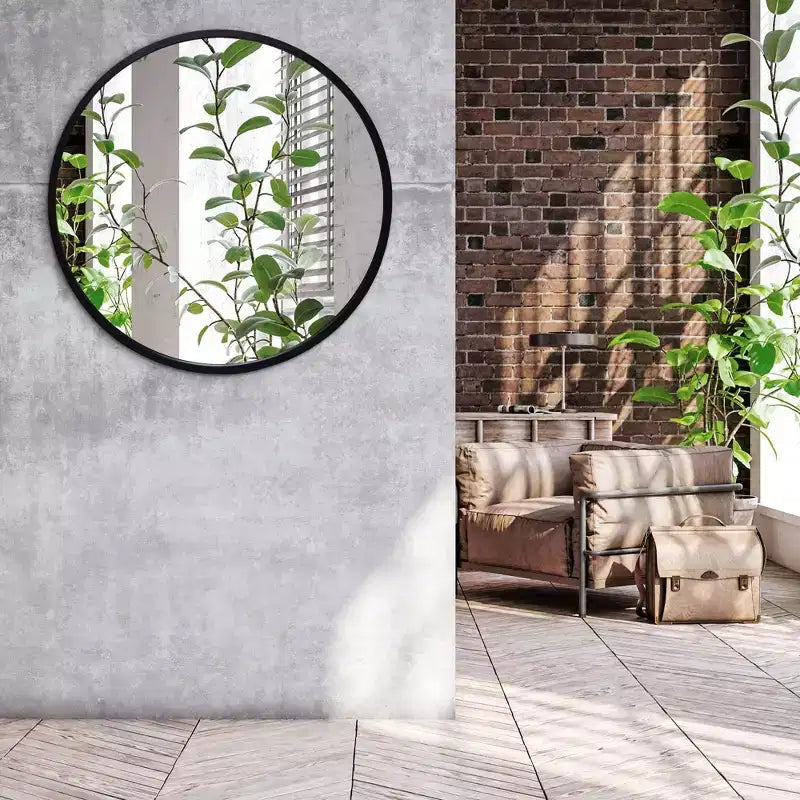 32" Round Wall Mirror, Black - Shatter-Resistant Glass, Modern Design