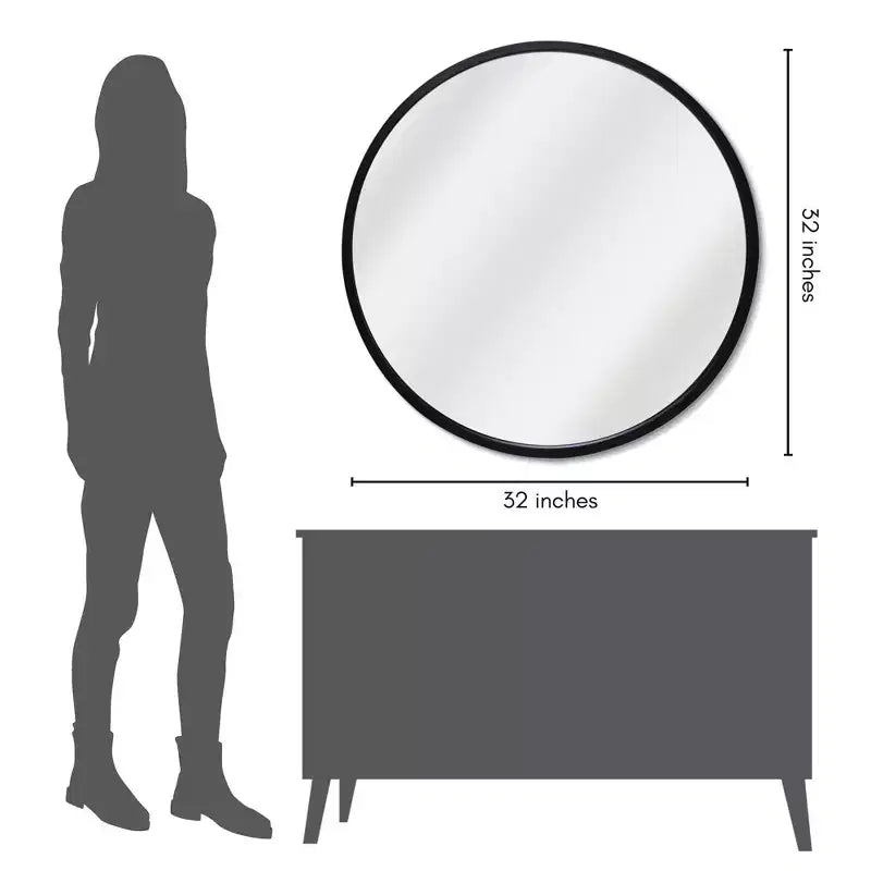 32" Round Wall Mirror, Black - Shatter-Resistant Glass, Modern Design