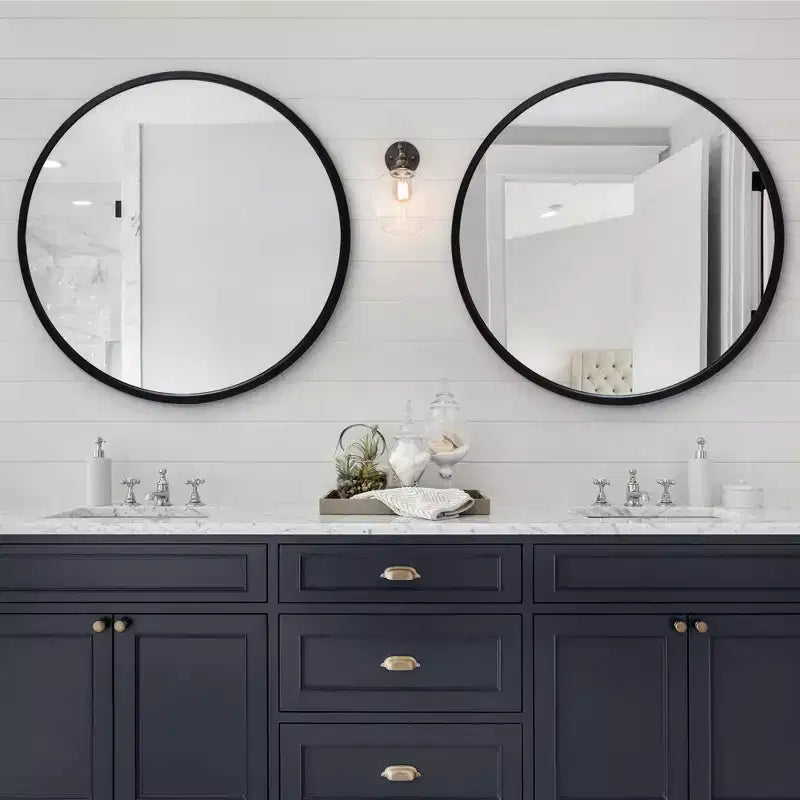 32" Round Wall Mirror, Black - Shatter-Resistant Glass, Modern Design