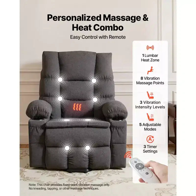Power Lift Recliner Chair with Heat and Massage, Infinite Position Adjustment, Chenille Fabric, Dark Gray