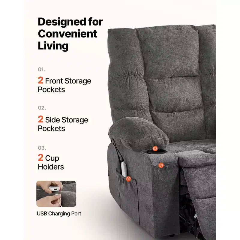 Power Lift Recliner Chair with Heat and Massage, Infinite Position Adjustment, Chenille Fabric, Dark Gray