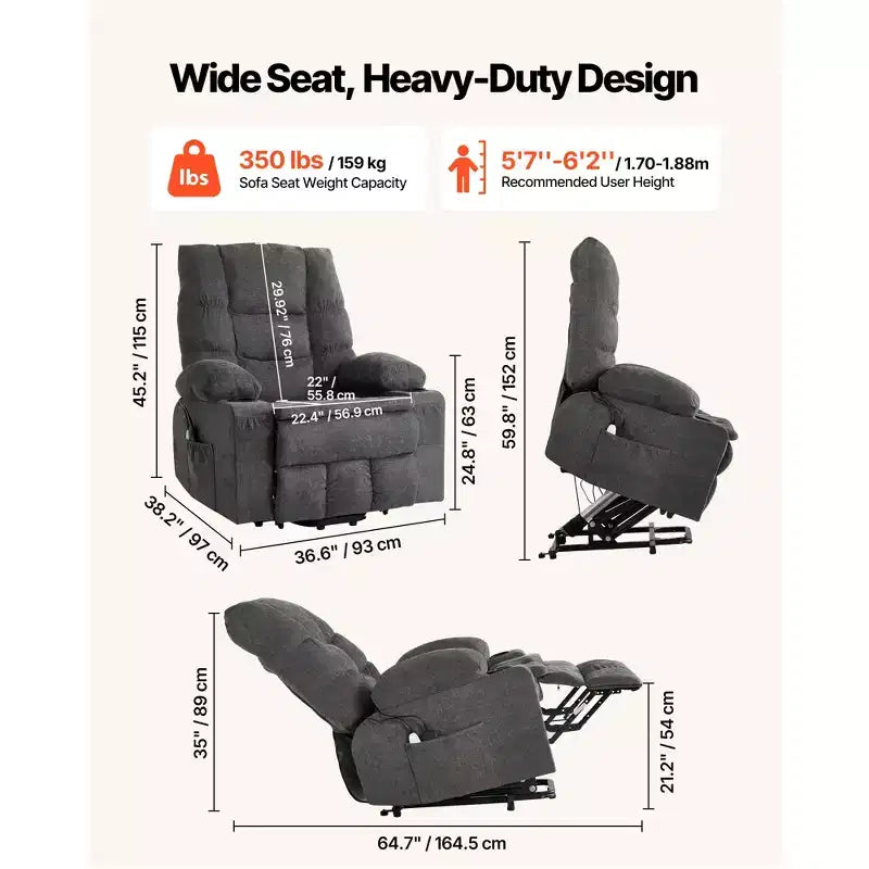 Power Lift Recliner Chair with Heat and Massage, Infinite Position Adjustment, Chenille Fabric, Dark Gray