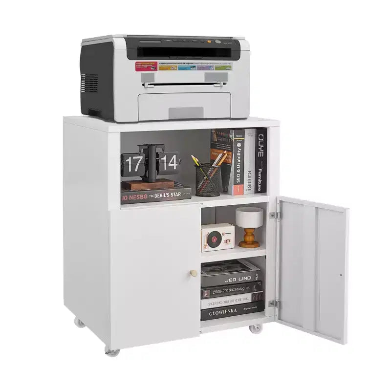 Metal Printer Cabinet with Wheels and Storage Shelf, 28.9" Rolling Printer Stand for Home Office, White