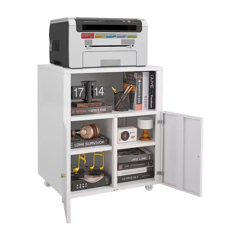 Metal Printer Cabinet with Wheels and Storage Shelf, 28.9" Rolling Printer Stand for Home Office, White