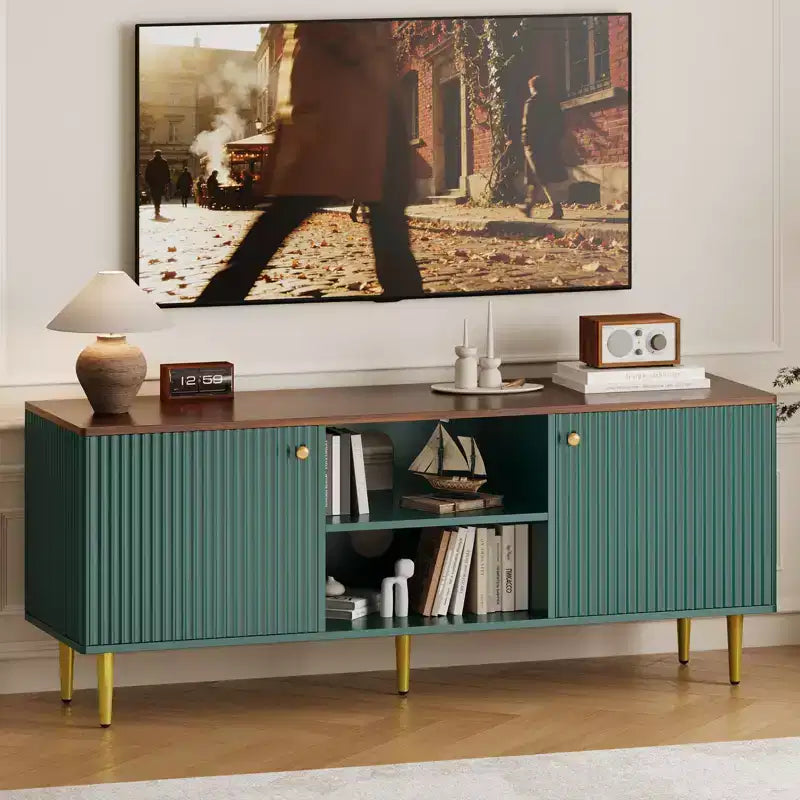 55 Fluted TV Stand, 2 Doors, Adjustable Shelves, Mid Century Modern Entertainment Center, for Bedroom, Living Room