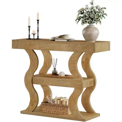 Lantine 41 Console Table for Entryway, 3-Tier Narrow Wood Sofa Table with Storage Shelves and Curved Frame for Living Room, Hallway, Foyer