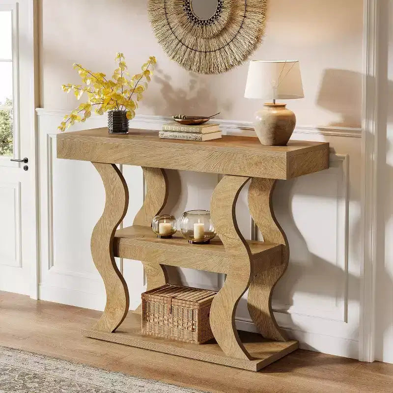 41" Console Table for Entryway, 3-Tier Narrow Wood Sofa Table with Storage Shelves and Curved Frame