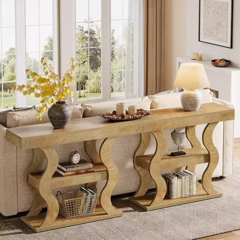 41" Console Table for Entryway, 3-Tier Narrow Wood Sofa Table with Storage Shelves and Curved Frame