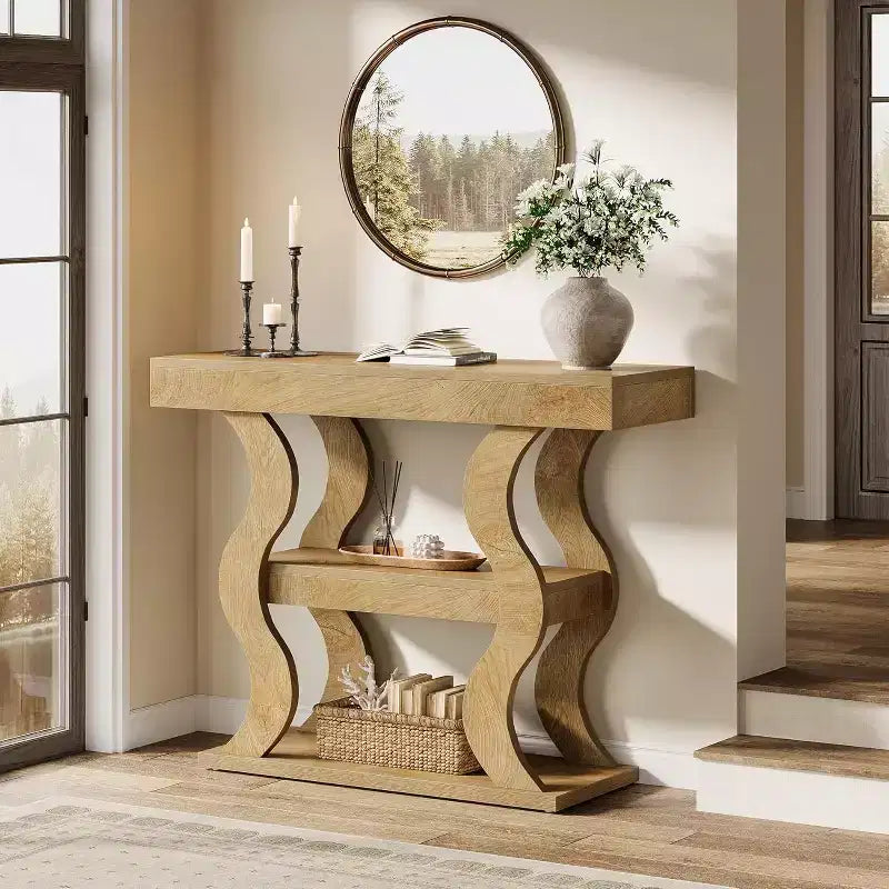 41" Console Table for Entryway, 3-Tier Narrow Wood Sofa Table with Storage Shelves and Curved Frame