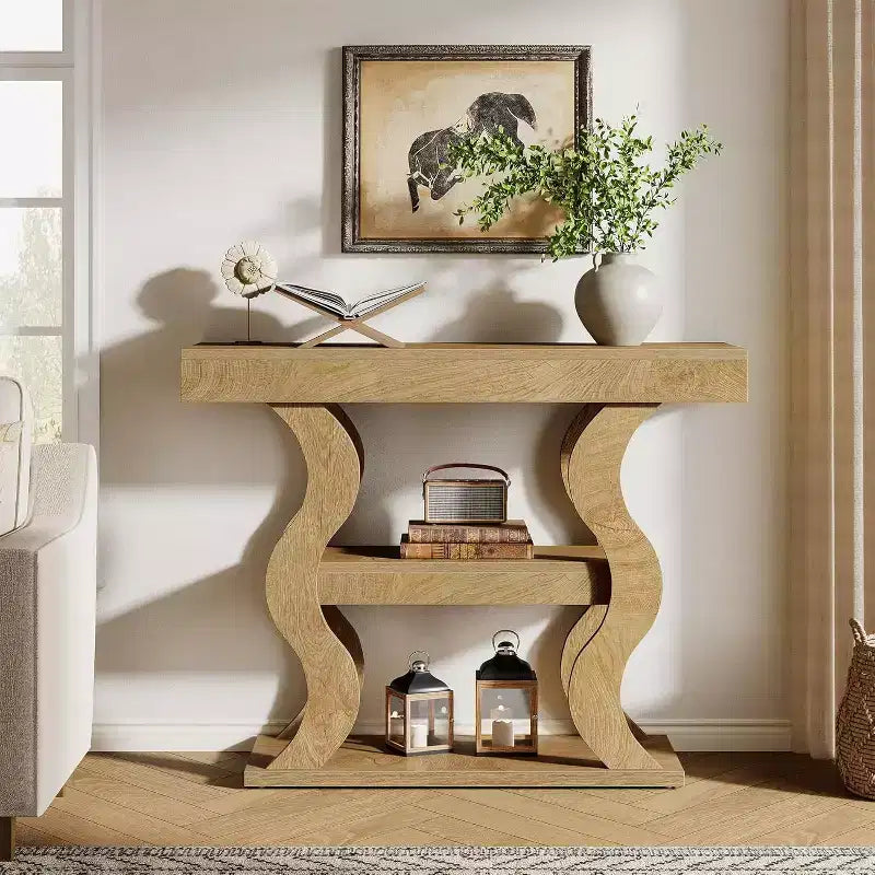 41" Console Table for Entryway, 3-Tier Narrow Wood Sofa Table with Storage Shelves and Curved Frame