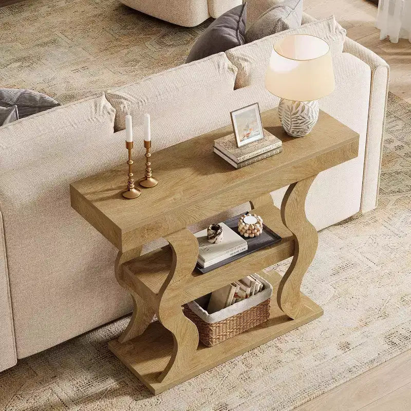 41" Console Table for Entryway, 3-Tier Narrow Wood Sofa Table with Storage Shelves and Curved Frame